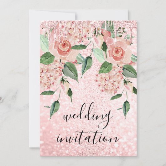 Invitation Parties scintillant Rose Rose Floral Mint Mariage (Devant)