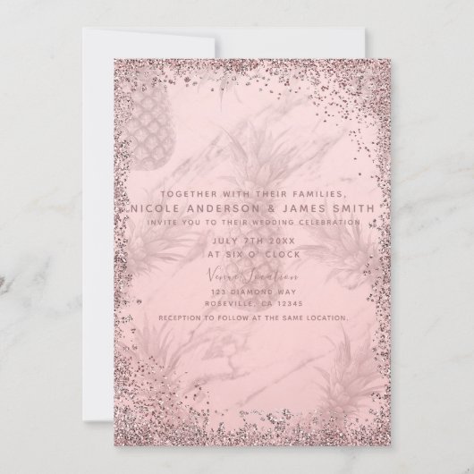 Invitation Parties scintillant rose Rose Or Ananas Mariage tr (Devant)