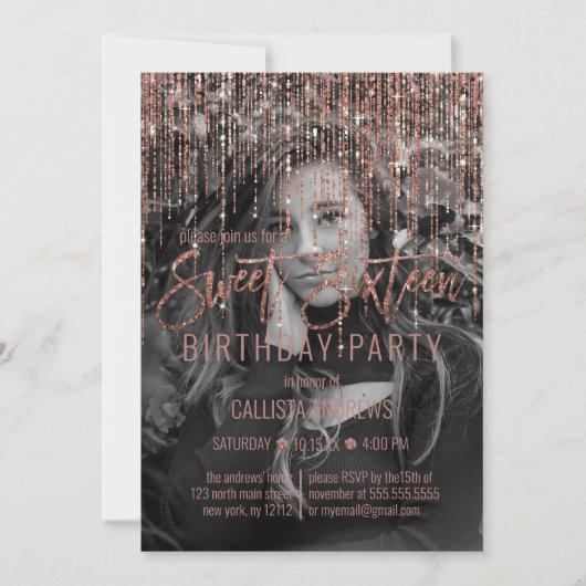 Invitation Parties scintillant rose Rose or Fringe Photo Swee (Devant)