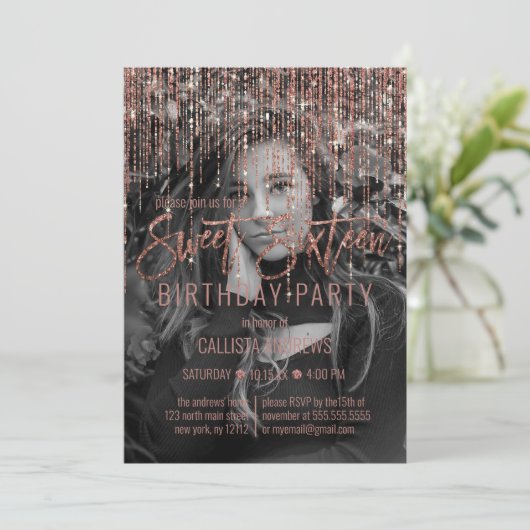 Invitation Parties scintillant rose Rose or Fringe Photo Swee (Debout devant)