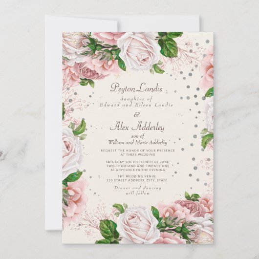 Invitation Parties scintillant Rose rose rose floral  Mariage (Devant)