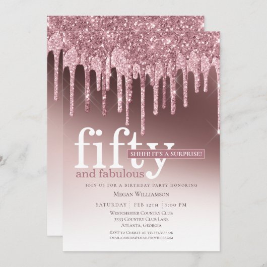 Invitation Parties scintillant rose Surprise Cinquante et fab (Devant / Derrière)
