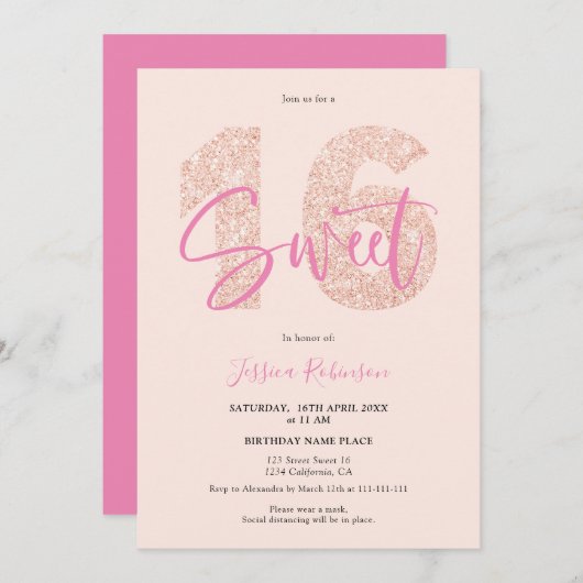 Invitation Parties scintillant rose Sweet 16 flush script pho (Devant / Derrière)