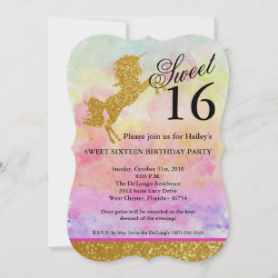 Invitation Parties scintillant rose Unicorn Sweet 16 Annivers