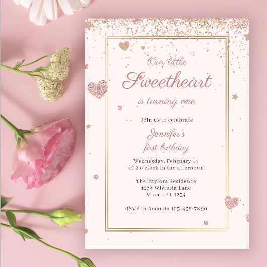 Invitation Parties scintillant rose Valentine Chérie 1er anni