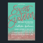 Invitation Parties scintillant Rose vert en or Typographie Sw<br><div class="desc">Cette invitation moderne et girly Sweet 16 est le design parfait pour la fille d'anniversaire chic et tendance. Il présente un joli et glamour faux imprimé rose de parties scintillant brillant séquin et biscay vert ombre dégradé. Il représente aussi la parties scintillant brillante d'or rose, la typographie du "Sweet sixteen"....</div>