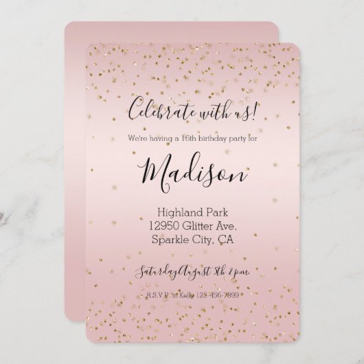 Invitation Parties scintillant rose vif Love Gold Confetti (Devant / Derrière)