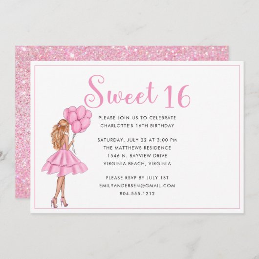 Invitation Parties scintillant rose vif Moderne Douce 16 Anni (Devant / Derrière)