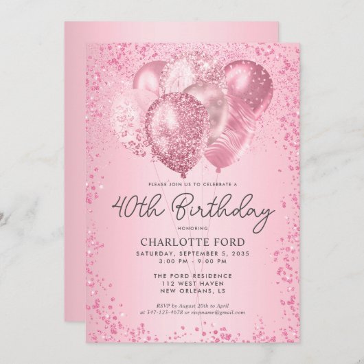 Invitation Parties scintillant rose vif moderne Sparkon Ballo (Devant / Derrière)