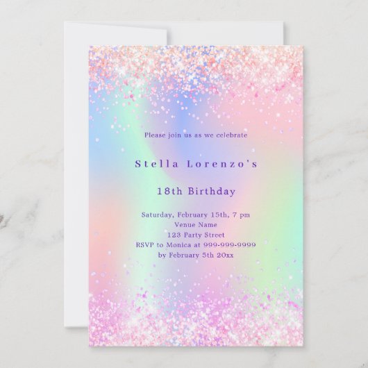 Invitation Parties scintillant rose violet holographique anni (Devant)