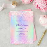 Invitation Parties scintillant rose violet holographique Swee<br><div class="desc">Une invitation à 16 soirées pour filles et femmes Sweet. Devant : Un arc-en-ciel, arrière - plan de couleur holographique en violet, rose, vert menthe. Décoré de confettis rose vif. Personnalisez et ajoutez un nom et des détails du parti. Le nom est écrit avec un script de style écrit à...</div>