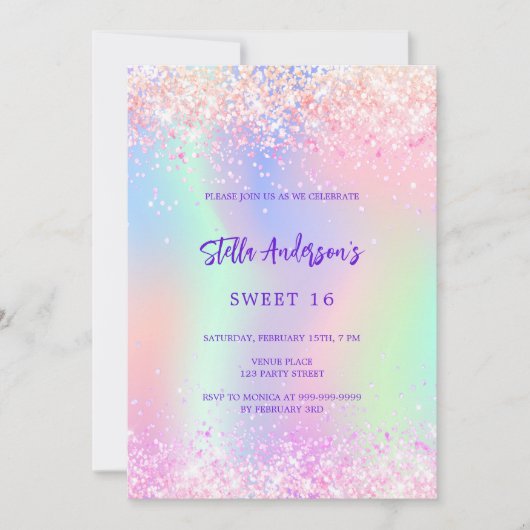 Invitation Parties scintillant rose violet holographique Swee (Devant)