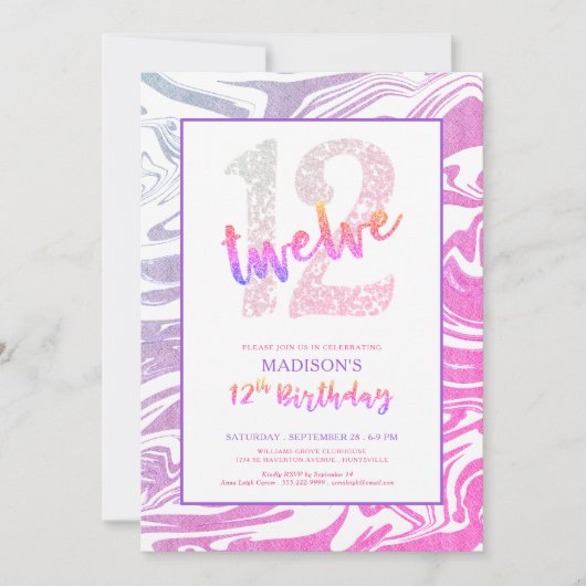 Invitation Parties scintillant rose violet moderne 12e annive (Devant)