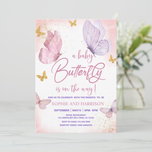 Invitation Parties scintillant rose violet papillon Baby sho (Debout devant)