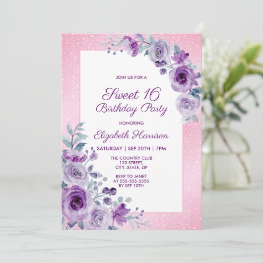 Invitation Parties scintillant rose violet Roses Floral 16e a (Debout devant)