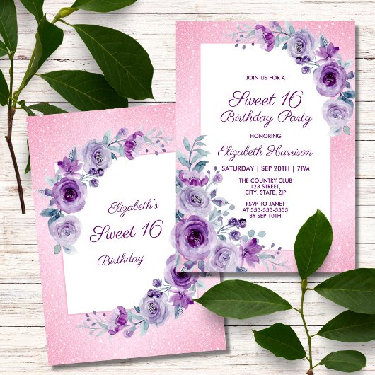 Invitation Parties scintillant rose violet Roses Floral 16e a