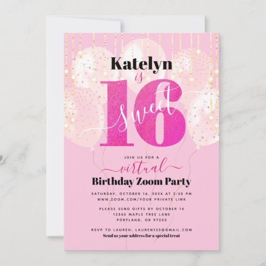 Invitation Parties scintillant rose virtuelle Douce 16 ballon (Devant)