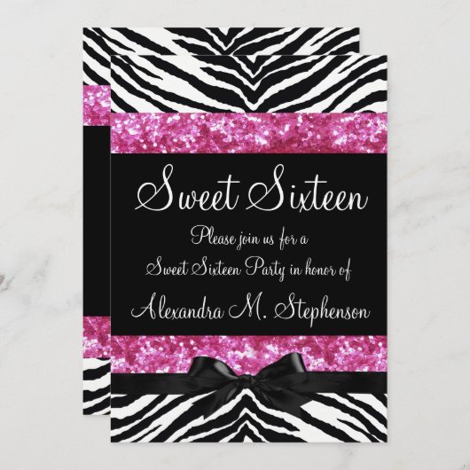 Invitation Parties scintillant rose Zebra Bow Sweet sixteen (Devant / Derrière)