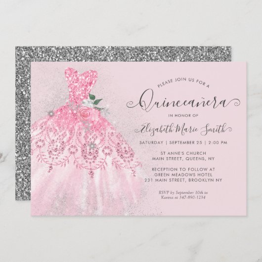 Invitation Parties scintillant Rosée Rose Floral Robe Argent (Devant / Derrière)