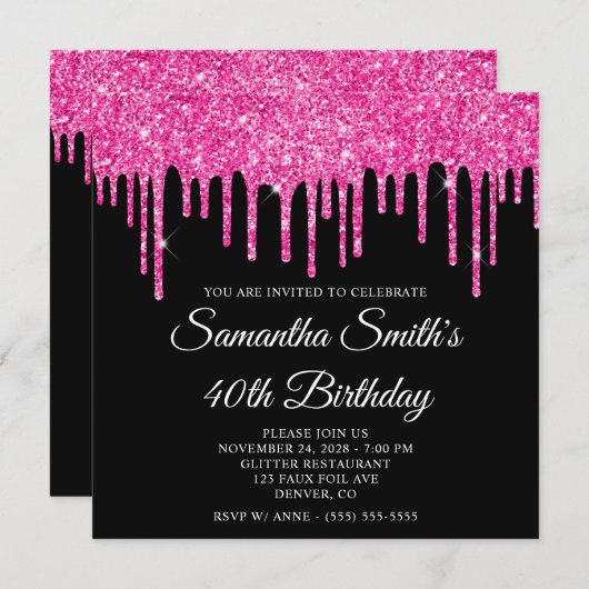 Invitation Parties scintillant roses chaudes sur Black 40th B (Devant / Derrière)