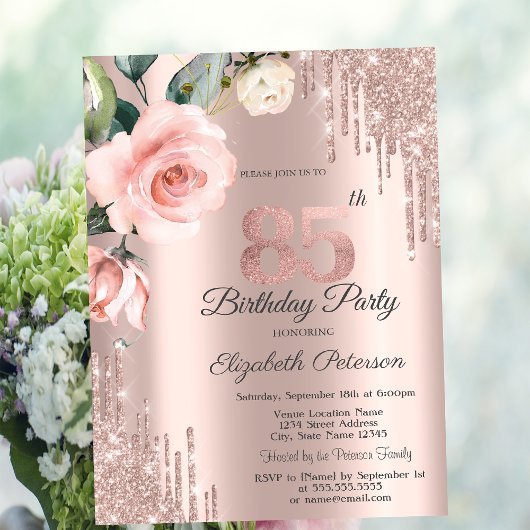 Invitation Parties scintillant Roses d'aquarelle 85e annivers