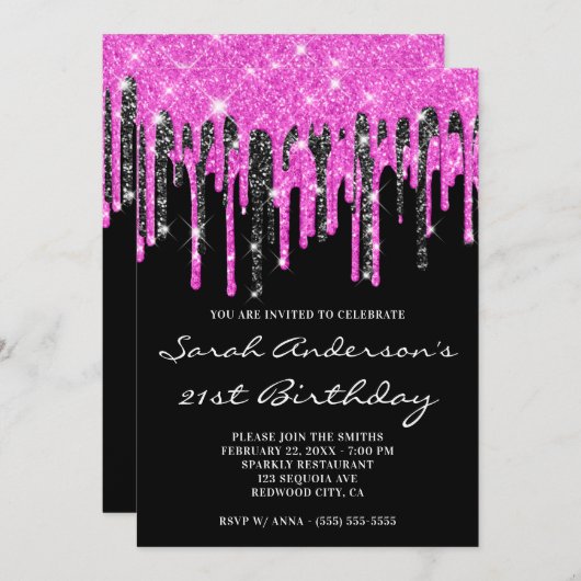 Invitation Parties scintillant roses et noires chaudes 21e an (Devant / Derrière)