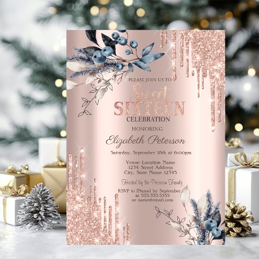 Invitation Parties scintillant Roses Gold Fleurs hiver doux 1