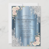Invitation Parties scintillant, Roses, Mariage bleu Anniversa (Devant)