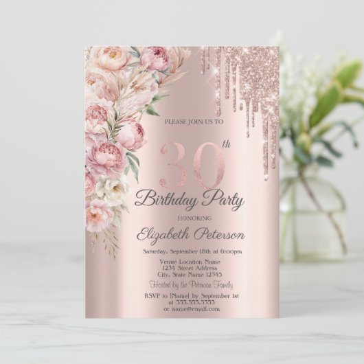 Invitation Parties scintillant Roses roses  Rose Gold 30e ann (Debout devant)