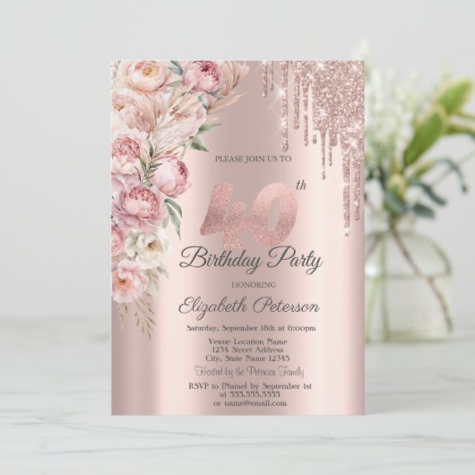 Invitation Parties scintillant Roses roses  Rose Gold 40e ann (Debout devant)