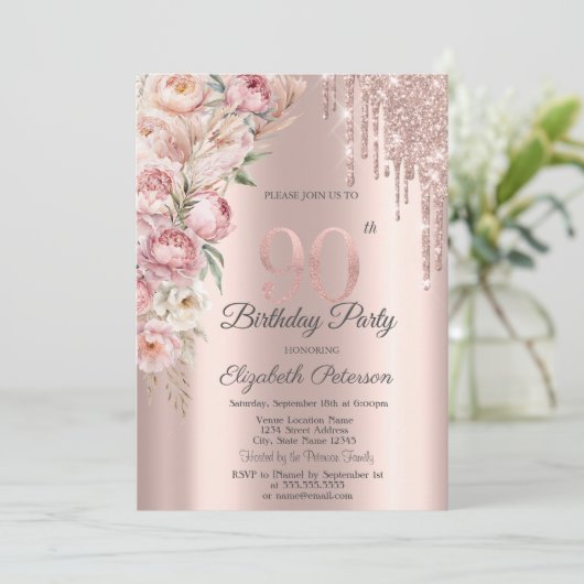 Invitation Parties scintillant Roses roses  Rose Gold 90e ann (Debout devant)