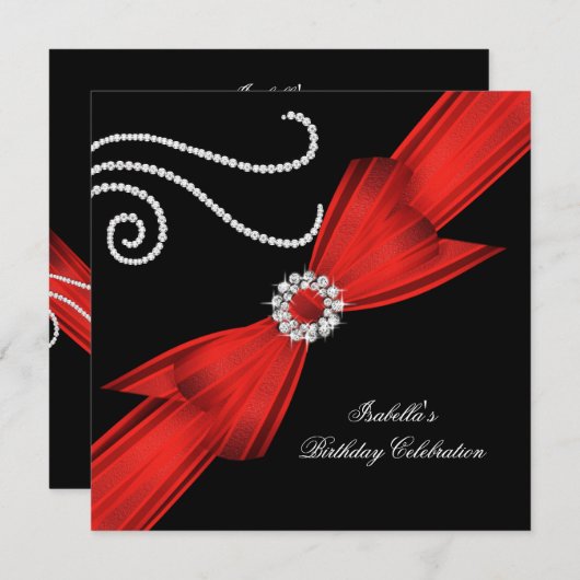 Invitation Parties scintillant Rouge Diamant Bow Noir fête d' (Devant / Derrière)