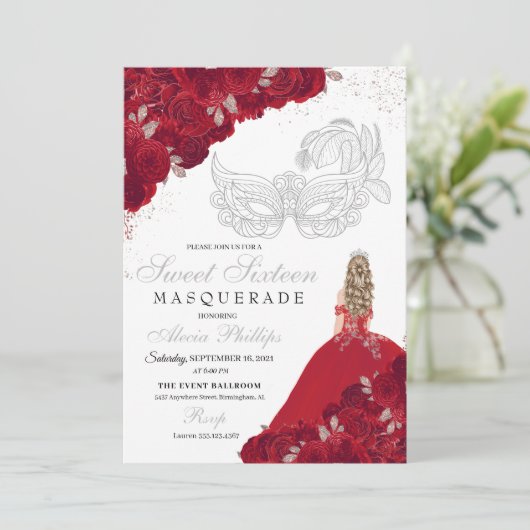 Invitation Parties scintillant rouge et argent Sweet 16 Masqu (Debout devant)