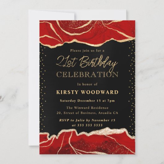 Invitation Parties scintillant rouge et or Agate Anniversaire (Devant)