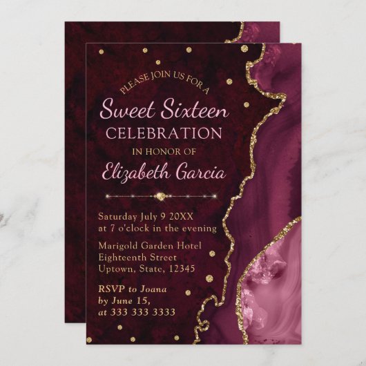 Invitation Parties scintillant rouge et or Agate et marbre Sw (Devant / Derrière)