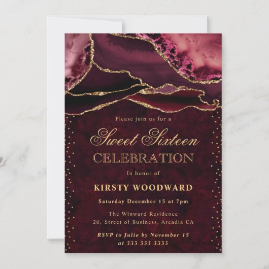 Invitation Parties scintillant rouge et or Agate Sweet 16 (Devant)