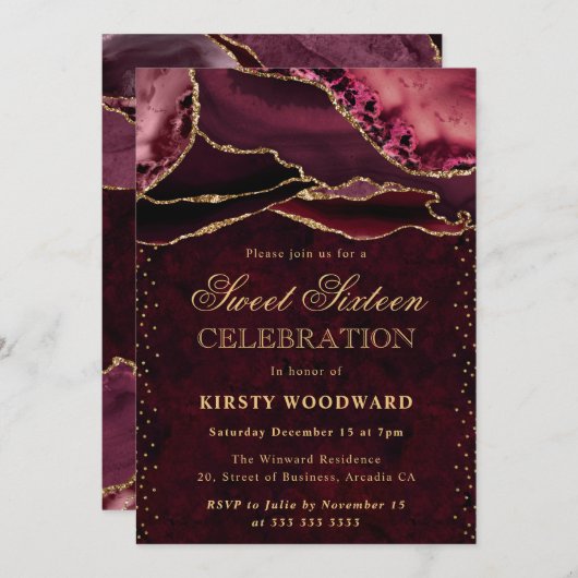 Invitation Parties scintillant rouge et or Agate Sweet 16 (Devant / Derrière)