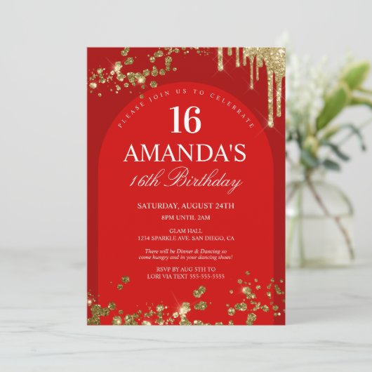 Invitation Parties scintillant rouge et or branché Anniversai (Debout devant)