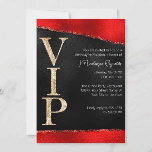 Invitation Parties scintillant rouge et or brillante VIP Part (Devant)