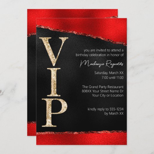 Invitation Parties scintillant rouge et or brillante VIP Part (Devant / Derrière)