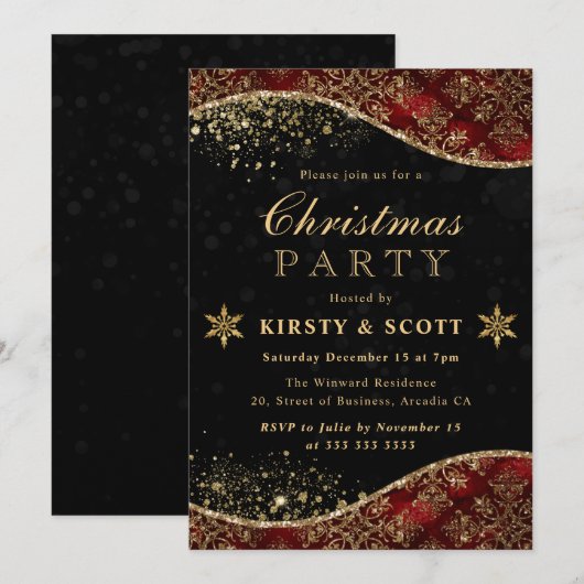 Invitation Parties scintillant rouge et or Damas fête de Noël (Devant / Derrière)