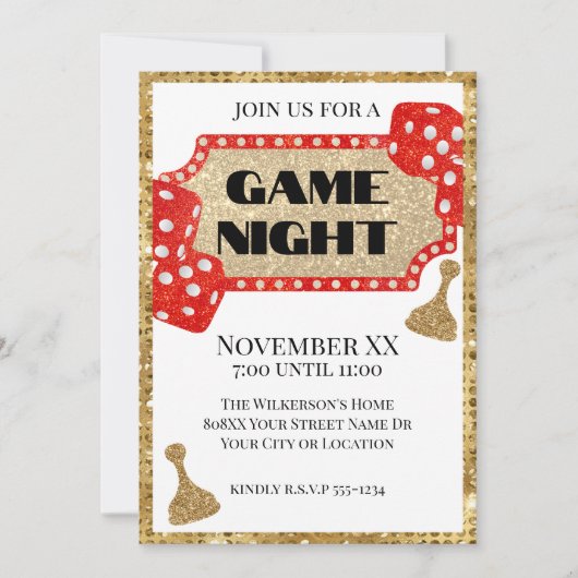 Invitation Parties scintillant rouge et or Glamour Game Night (Devant)