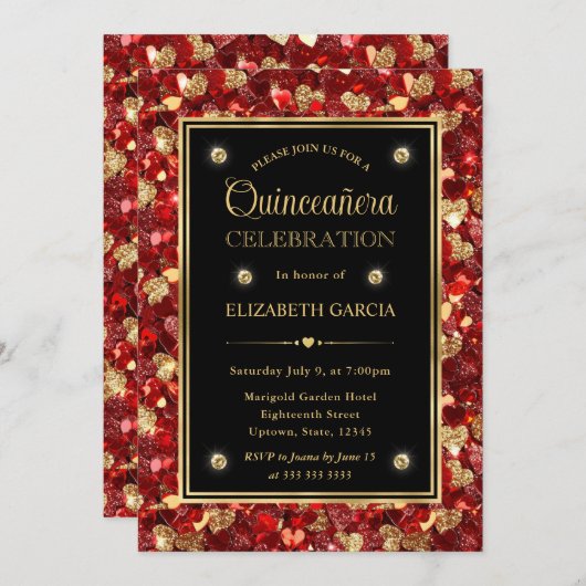 Invitation Parties scintillant rouge et or Valentine Coeurs Q (Devant / Derrière)
