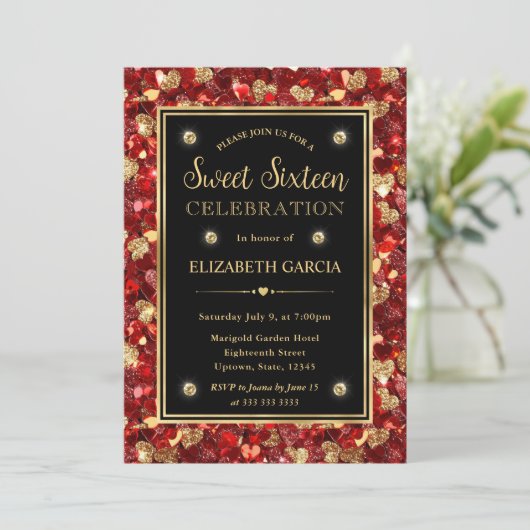 Invitation Parties scintillant rouge et or Valentine Coeurs S (Debout devant)