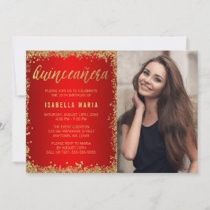Invitation Parties scintillant Rouge Gold Faux Quinceanera 15