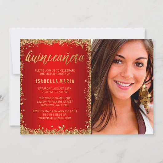 Invitation Parties scintillant Rouge Gold Faux Quinceanera 15 (Devant)