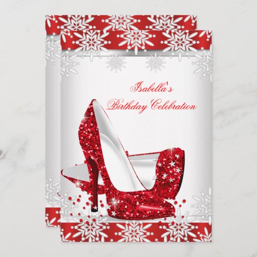 Invitation Parties scintillant Rouge Haut talons Blancs Snowf (Devant / Derrière)