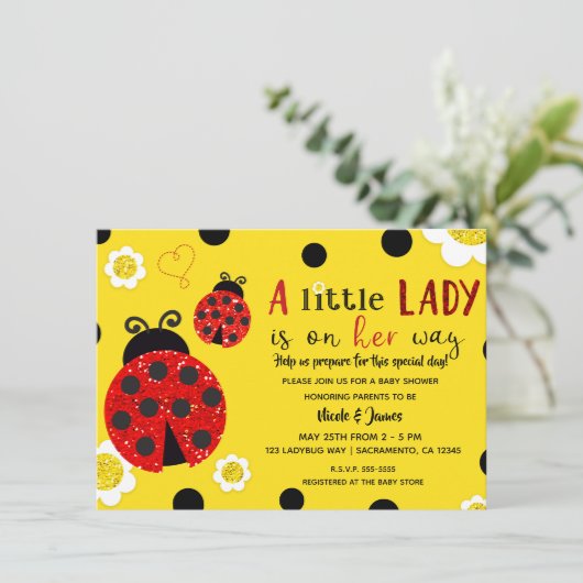 Invitation Parties scintillant Rouge Ladybug Fleurs Jaunes Ba (Debout devant)