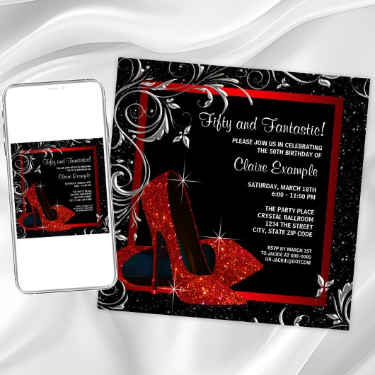 Invitation Parties scintillant rouge noir talons hauts femmes