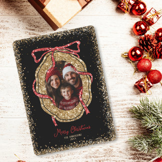 Invitation Parties scintillant Rouge or Joyeux Noël Photo fam